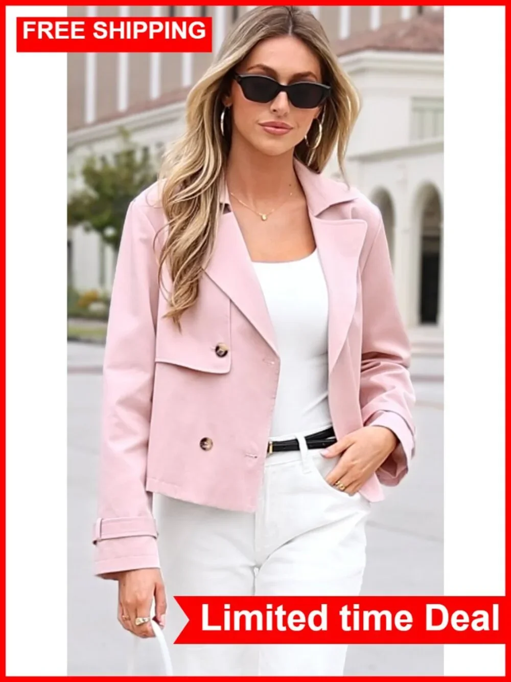 Cropped Trench Coat Double Breasted Loose Fit Lightweight Jacket